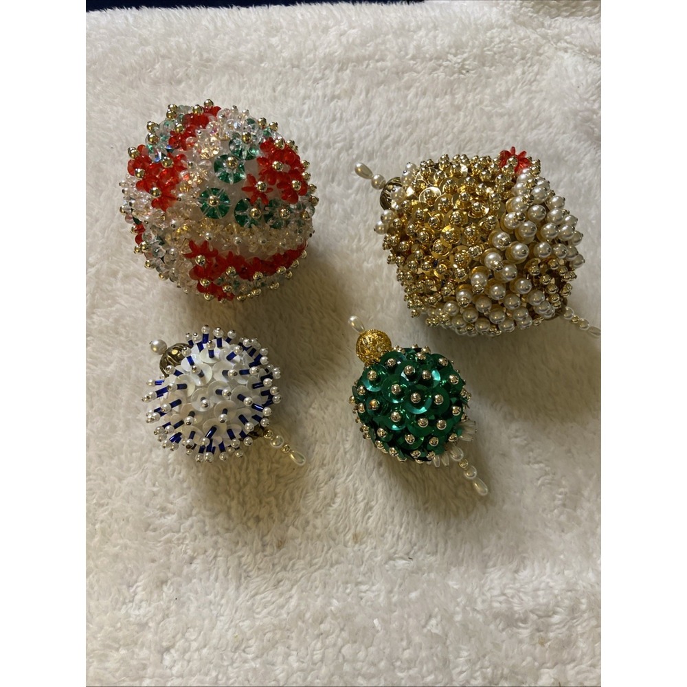 Push Pin Sequin Ornaments Lot Of 4 Vintage Handmade Covered Christmas Holiday